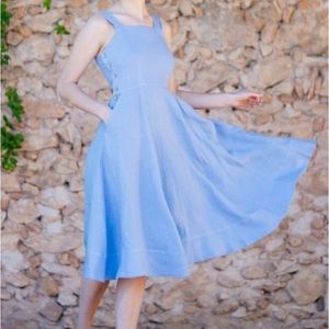 Son de Flor 100% linen pinafore dress blue XXL